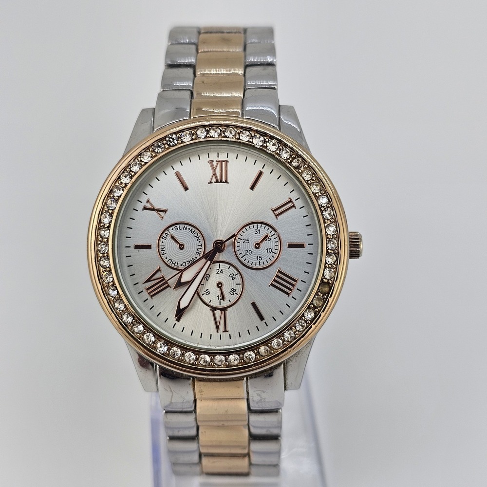 37MM‎ Women's Analog Watch Gold Gray Dial Two Tone Bracelet Band 7" New Battery
